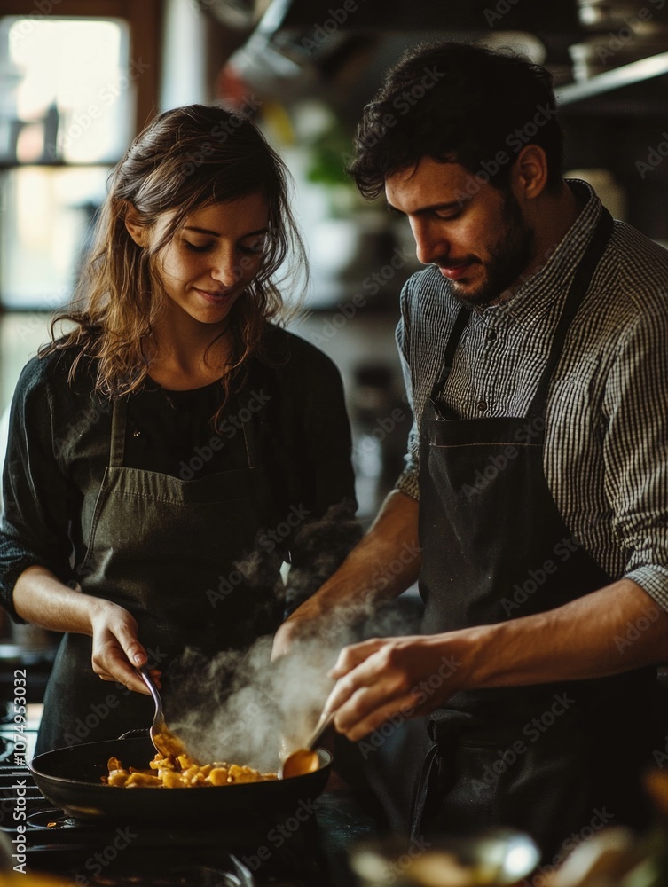 Cooking enthusiasts working on a culinary masterpiece with smiling expressions. Cooking enthusiasts working on a culinary masterpiece with smiling expressions.