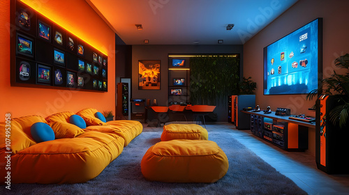 A cozy modern living room with vibrant orange accents, perfect for relaxation and entertainment. photo