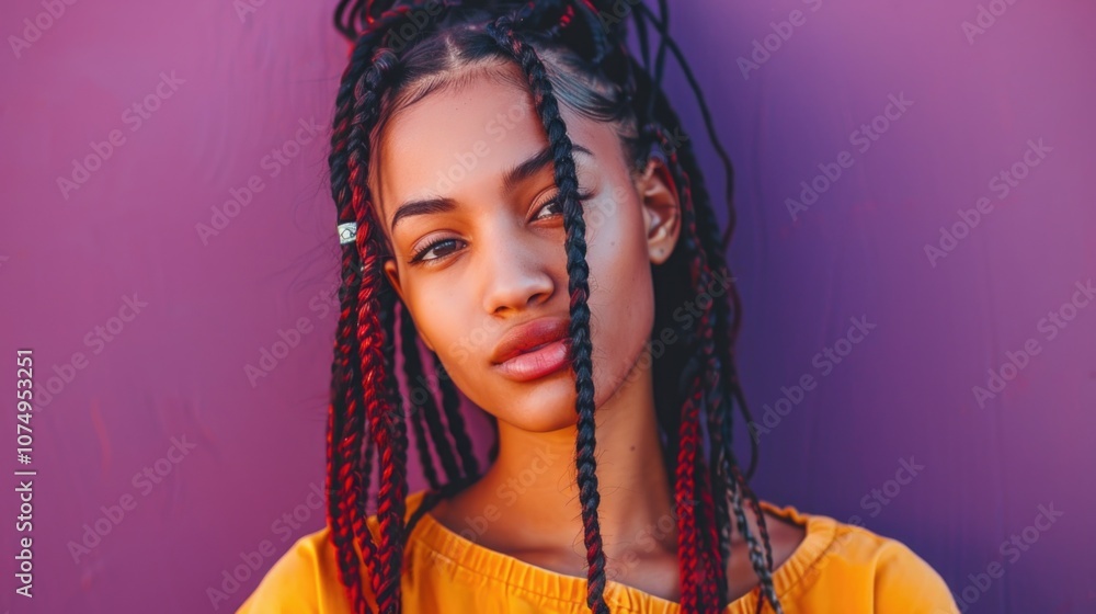 Vibrant model with red braids and a yellow top against purple backdrop. Vibrant model with red braids and a yellow top against purple backdrop.