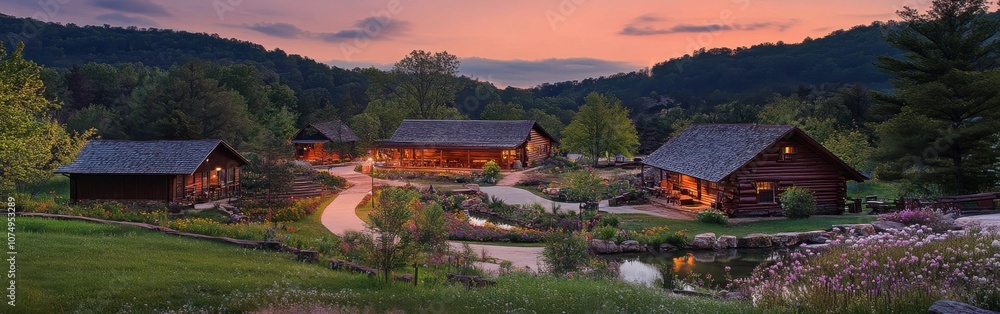 A tranquil evening at the Ozark Folk Center with warm lights and lush greenery surrounded by rolling hills A tranquil evening at the Ozark Folk Center with warm lights and lush greenery surrounded by rolling hills