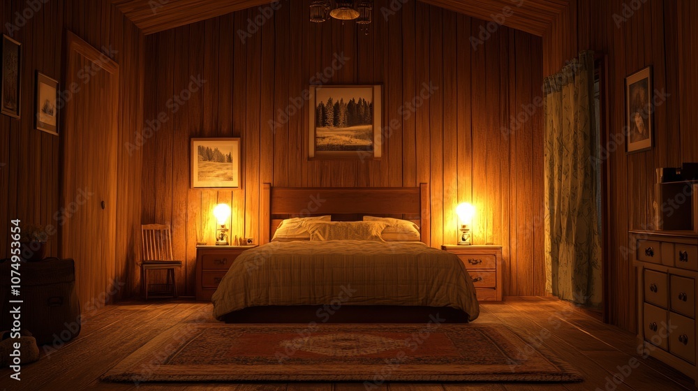Cozy Cabin Bedroom with Warm Lighting Cozy Cabin Bedroom with Warm Lighting
