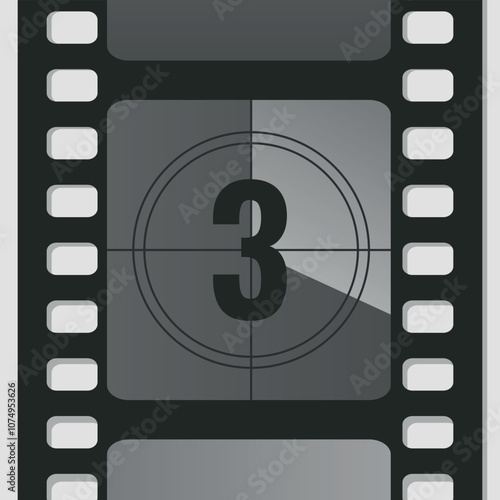 Countdown film strip frame with number three. Retro cinema movie timer counter. Vector illustration