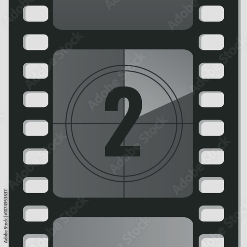 Countdown film strip frame with number two. Retro cinema movie timer counter. Vector illustration