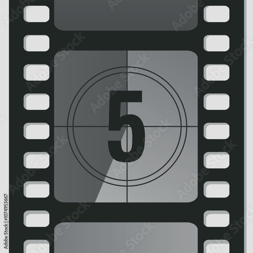 Countdown film strip frame with number five. Retro cinema movie timer counter. Vector illustration