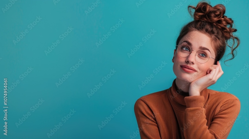 Fototapeta premium A stylish woman with her hand on her chin, posing against a vibrant blue wall. She is wearing fashionable glasses and a modern sweater.