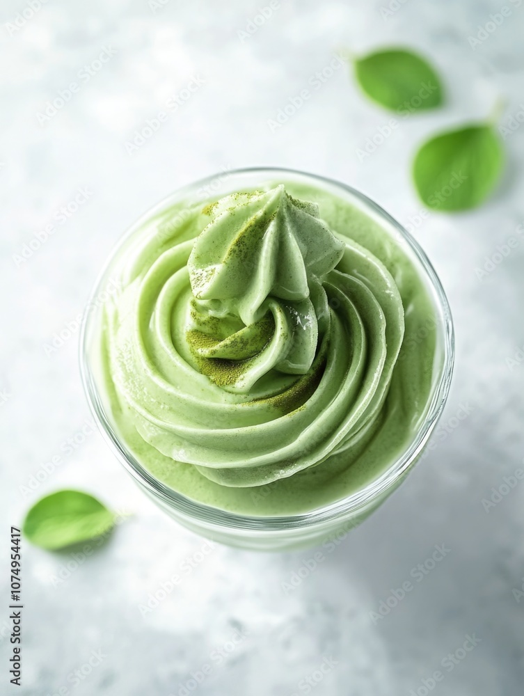 Green frosted dessert in a glass with a leaf on the side. The dessert is topped with a green frosting and has a swirl pattern Green frosted dessert in a glass with a leaf on the side. The dessert is topped with a green frosting and has a swirl pattern