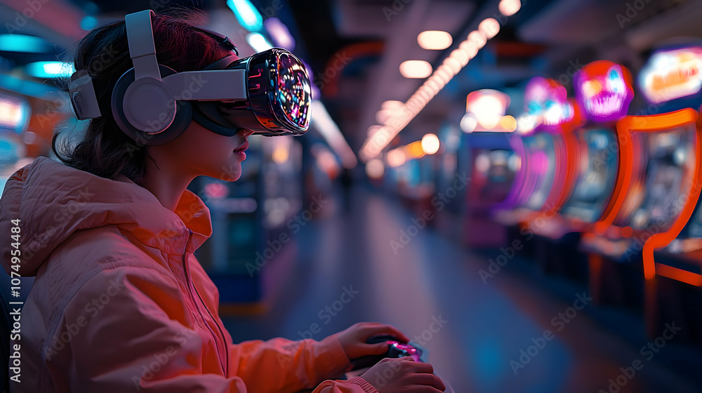 A focused individual wearing virtual reality headset in a vibrant arcade, immersed in a gaming experience. A focused individual wearing virtual reality headset in a vibrant arcade, immersed in a gaming experience.