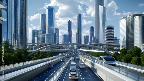 Vibrant Dubai Skyline and City Highway During Traffic Rush photo