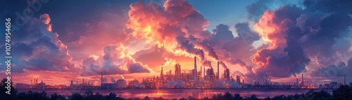 Stunning Industrial Skyline at Sunset with Dramatic Clouds and Vibrant Colors Reflecting on Water