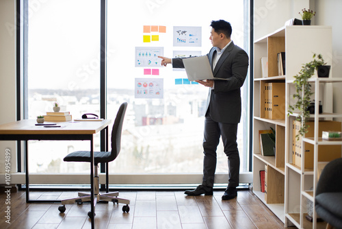Wallpaper Mural Asian businessman in formal suit discusses graphs and charts during online video call. Standing by panoramic window in modern office, he uses laptop for engaging presentation. Torontodigital.ca