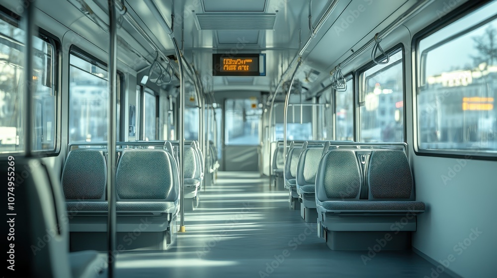 Obraz premium Modern Urban Tram Interior with Empty Seats and Sunlight Streaming Through Windows in a City Setting