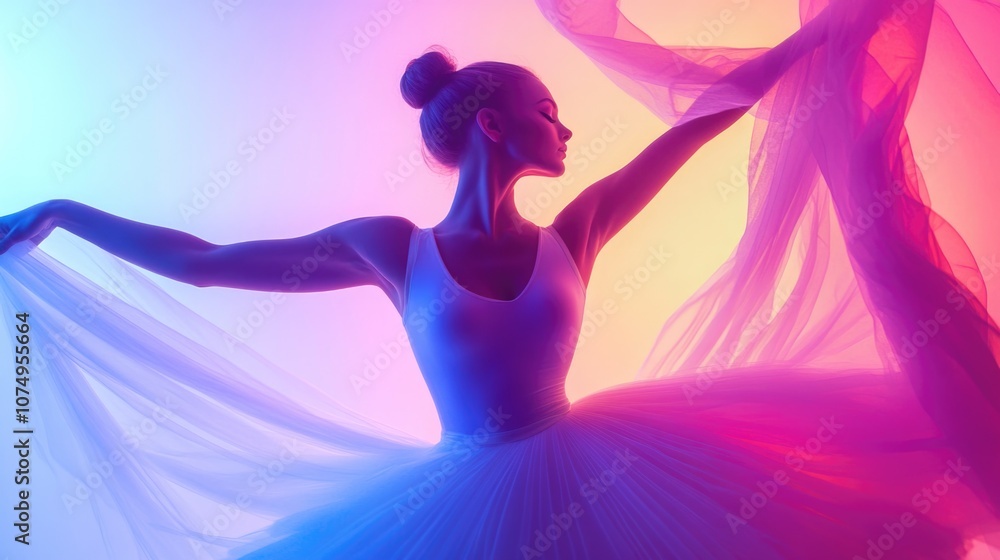 A female ballerina in a ballet pose, wearing a tutu and pointe shoes. The image is highly stylized with vibrant colors and dynamic lighting. A female ballerina in a ballet pose, wearing a tutu and pointe shoes. The image is highly stylized with vibrant colors and dynamic lighting.