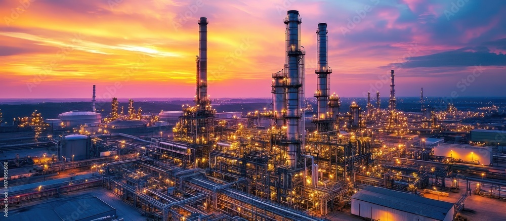 Fototapeta premium Stunning Industrial Refinery at Sunset with Vibrant Sky and Illuminated Structures Showcasing Modern Engineering and Energy Production