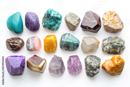 A collection of various colorful gemstones and minerals displayed on a white background showcasing their unique shapes and textures. Generative AI
