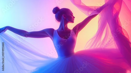 A female ballerina in a ballet pose, wearing a tutu and pointe shoes. The image is highly stylized with vibrant colors and dynamic lighting.