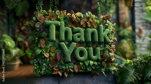 A lush green display featuring a 'Thank You' message crafted from vibrant leaves and foliage. photo