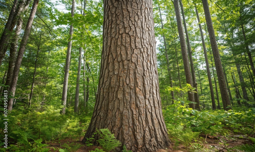 Tall tree trunk in lush green forest, sunlight filtering through leaves Tall tree trunk in lush green forest, sunlight filtering through leaves