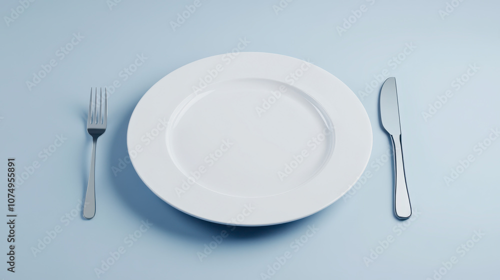 Elegant Dinner Setting on Smooth Gradient Background Featuring White Plate, Fork, and Knife for Sophisticated Dining Experience Elegant Dinner Setting on Smooth Gradient Background Featuring White Plate, Fork, and Knife for Sophisticated Dining Experience