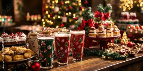 Wide shot of a holiday party setup with Christmas-themed drinkware on a table, surrounded by holiday decorations like garlands, lights, and festive treats.