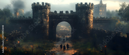 A majestic medieval gate with towering stone walls, inviting travelers into a world of history and adventure.