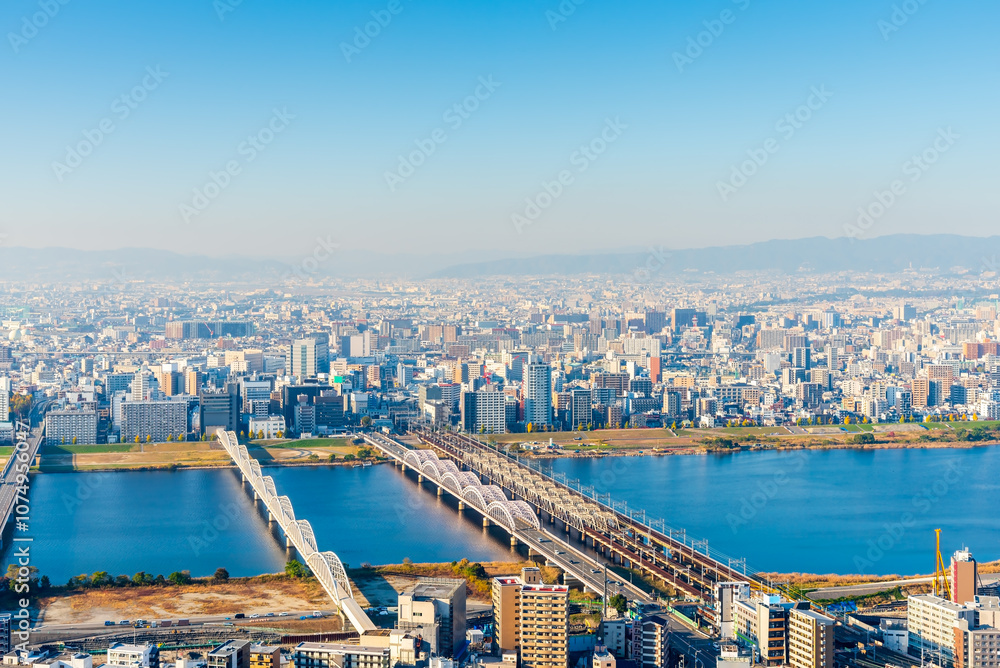 Yodo river with Osaka city skyline view, Osaka province Japan. Yodo river with Osaka city skyline view, Osaka province Japan.