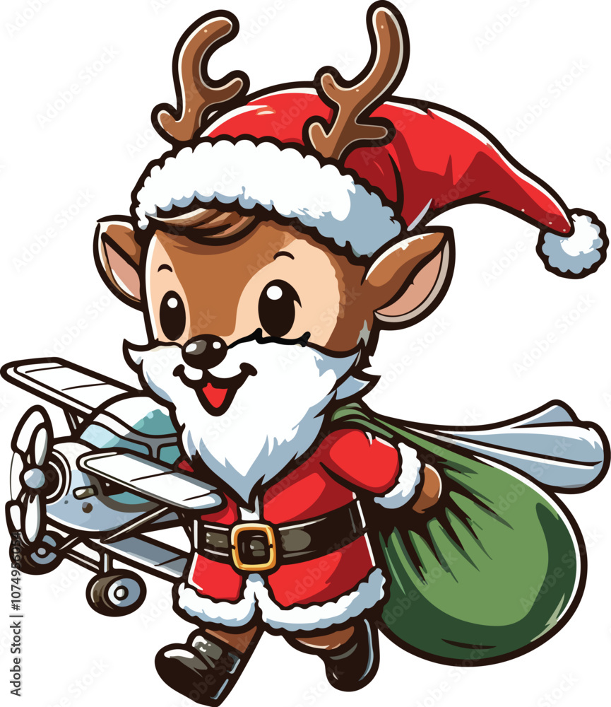a little reindeer in a Santa costume, carrying a toy plane a little reindeer in a Santa costume, carrying a toy plane