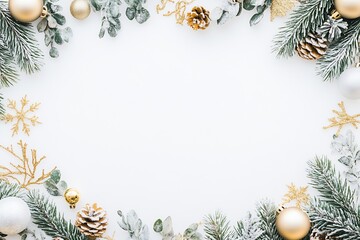 Festive Christmas Border with Pine Branches and Snowflake Decorations : Generative AI