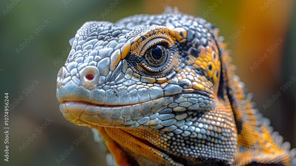 Fototapeta premium Close-up of an Amazon Tegu Lizard head, its eyes and scales detailed with a blurred background providing
