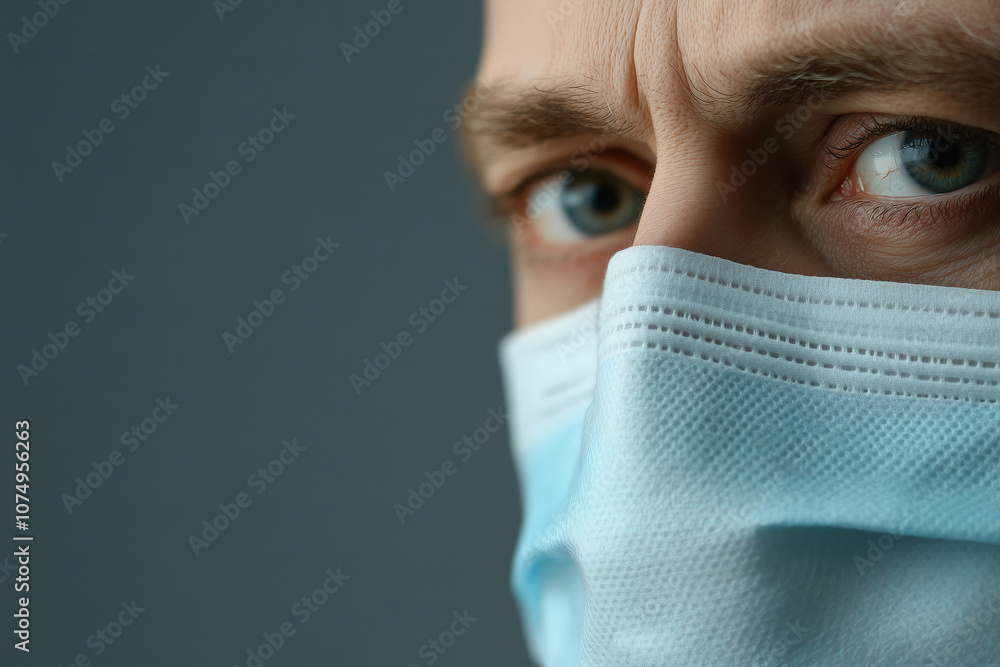 Close-up of a serious-looking person wearing a surgical mask with a focused expression in a neutral-toned background. Generative AI Close-up of a serious-looking person wearing a surgical mask with a focused expression in a neutral-toned background. Generative AI