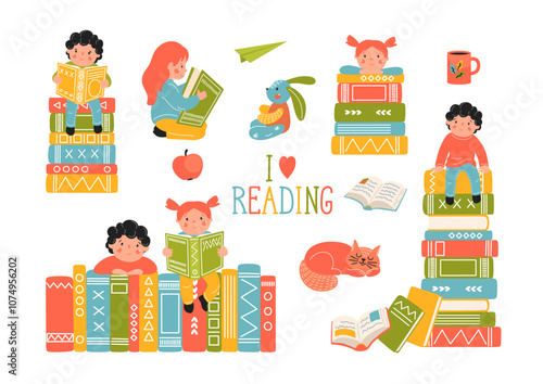 Set of children reading books. Reading, literature, library education concept.