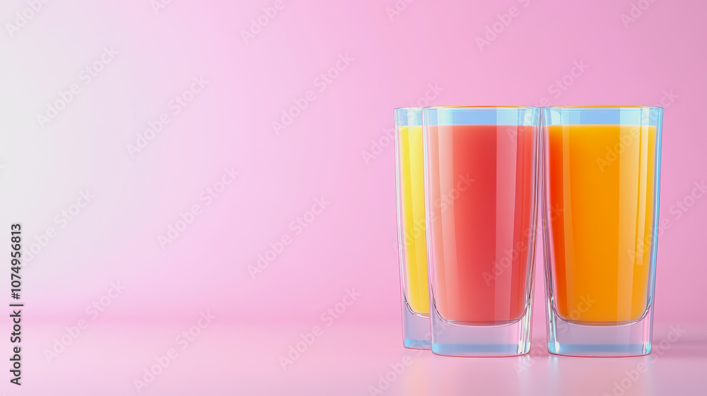 Vibrant of Fresh Fruit Juices in Glasses Against a Smooth Gradient Background Featuring Shades of Pink and Orange Vibrant of Fresh Fruit Juices in Glasses Against a Smooth Gradient Background Featuring Shades of Pink and Orange