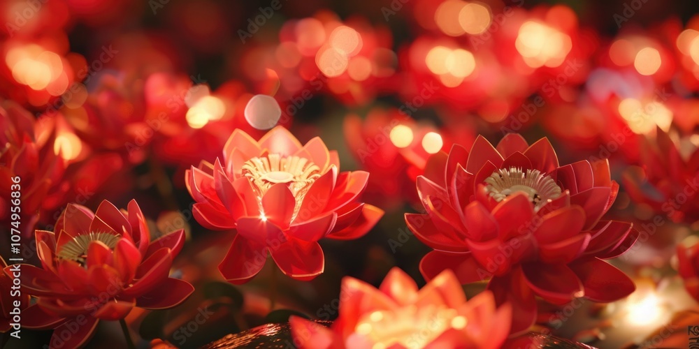 Vivid red flower blooms in the foreground with a blurred background of more flowers creating a bokeh effect. Vivid red flower blooms in the foreground with a blurred background of more flowers creating a bokeh effect.
