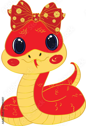 Cute snake for New Year 2025 wearing coquette bow . Art & Illustration