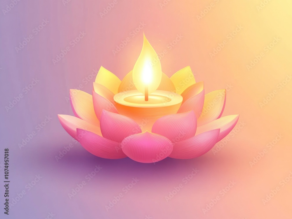 Focused, glowing candle at center of lotus blossom emblem Focused, glowing candle at center of lotus blossom emblem