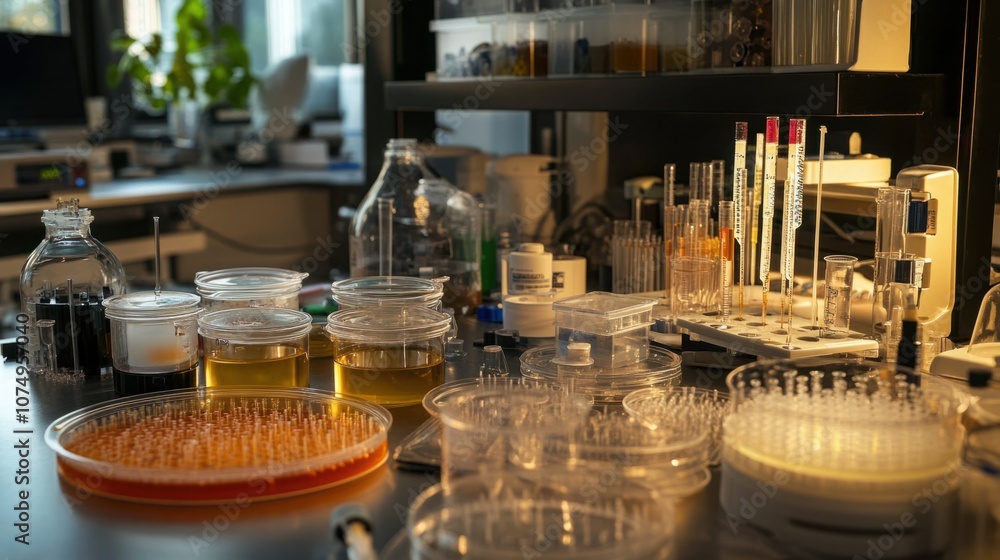 Research setup in a biology lab with cell culture, petri dishes, and glass pipettes for experimentation Research setup in a biology lab with cell culture, petri dishes, and glass pipettes for experimentation