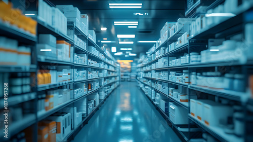A modern pharmacy interior showcasing neatly arranged shelves filled with various medicine boxes in a bright environment.