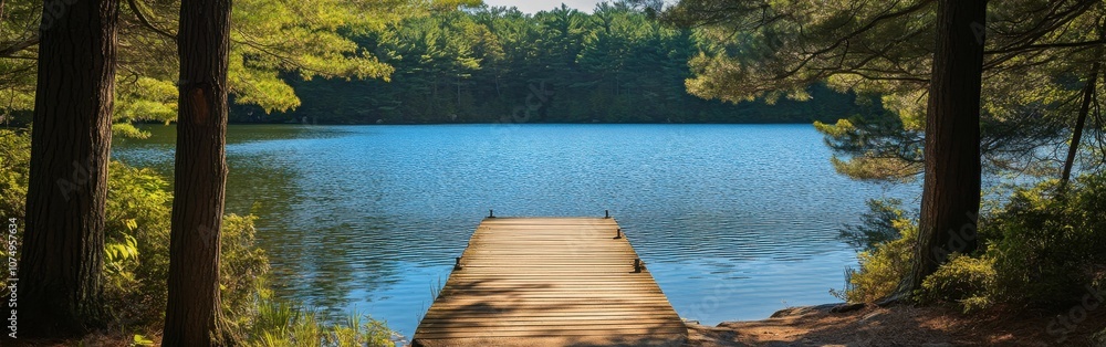 A serene afternoon at Walden Pond with tranquil waters and lush greenery surrounding the wooden dock A serene afternoon at Walden Pond with tranquil waters and lush greenery surrounding the wooden dock