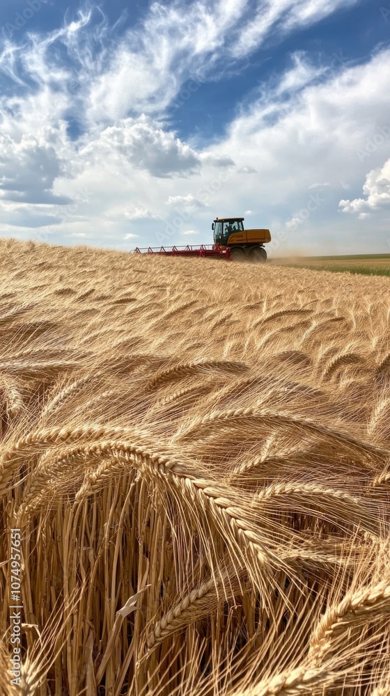 Fototapeta premium Golden Kansas wheat fields under a bright blue sky being harvested by a tractor in late afternoon light
