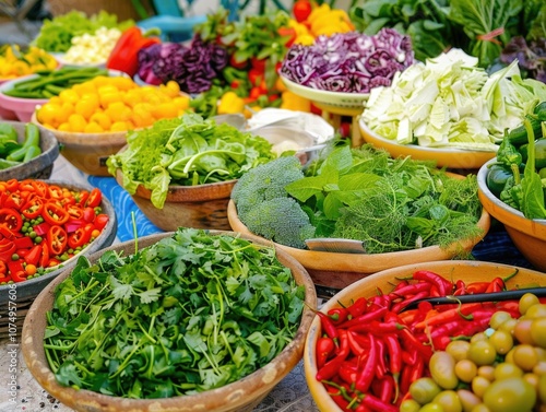 Variety of fresh produce in bowls displayed on a table at a market or farm stand.