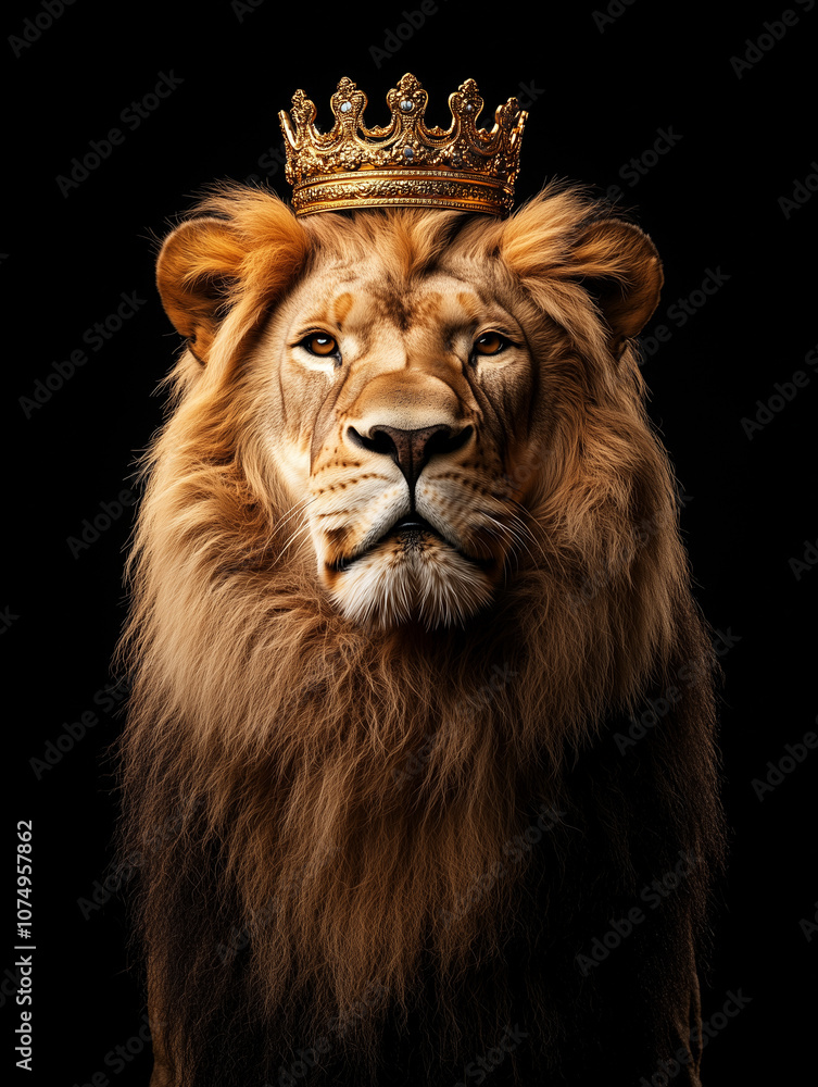 Fototapeta premium Majestic Lion Wearing a Royal Gold Crown in Regal Pose