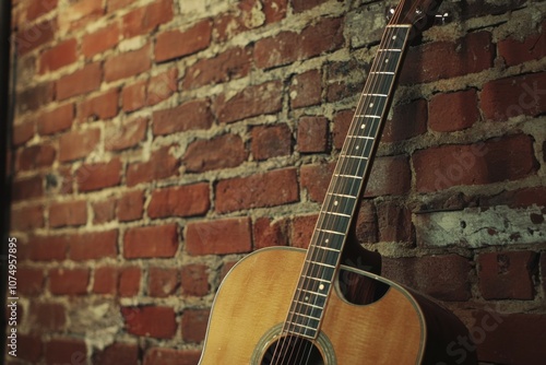 Rustic acoustic guitar leaning against a brick wall, Warm colors and inviting atmosphere creating a perfect backdrop for music enthusiasts and gatherings photo