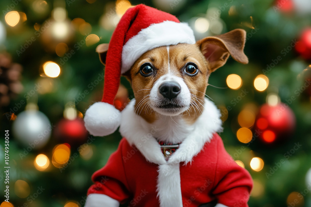 Generative AI image of a funny dog santa helper wear red headwear xmas carnival party Generative AI image of a funny dog santa helper wear red headwear xmas carnival party