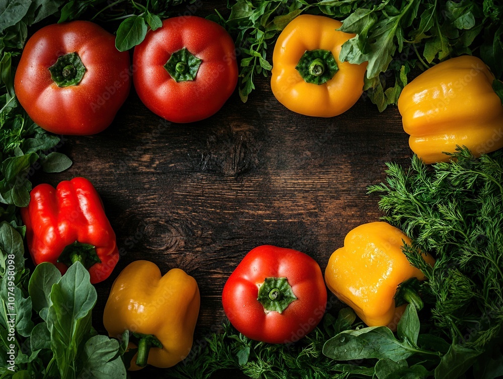 An overhead shot of an assortment of fresh organic vegetables and herbs laid out on a rustic wooden table. An overhead shot of an assortment of fresh organic vegetables and herbs laid out on a rustic wooden table.