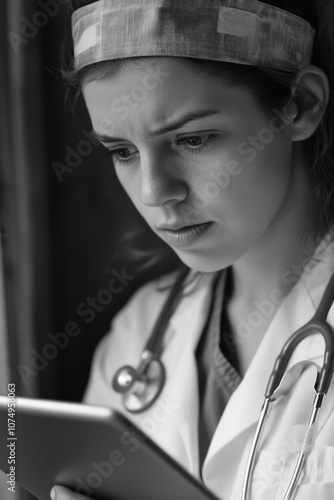 Woman doctor focused on tablet pc, likely analyzing patient data or reviewing medical records.