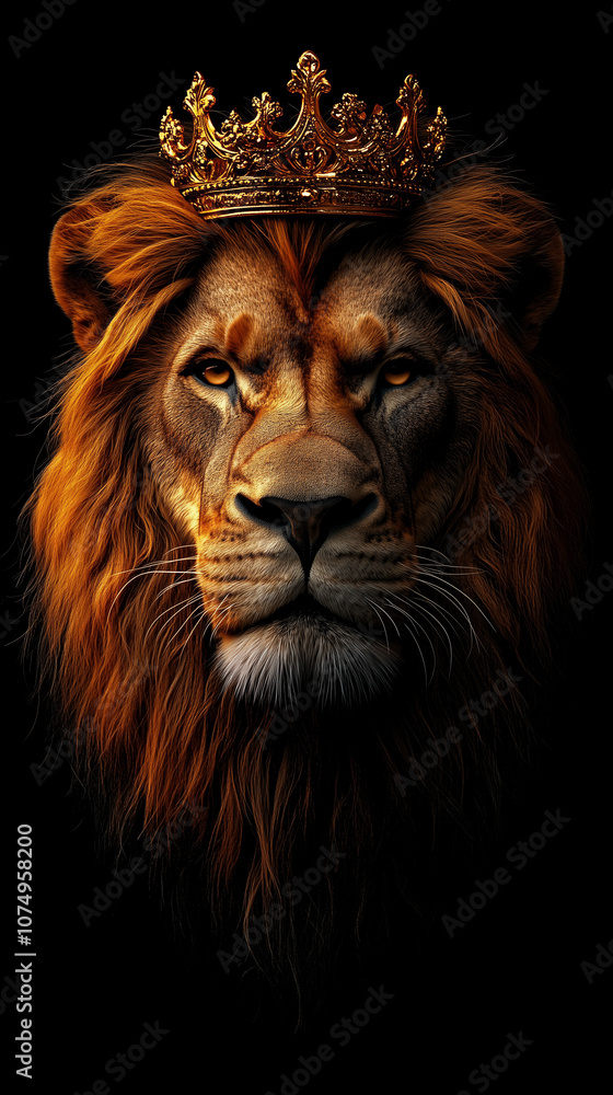 Naklejka premium Majestic Lion with Golden Crown on Black Background