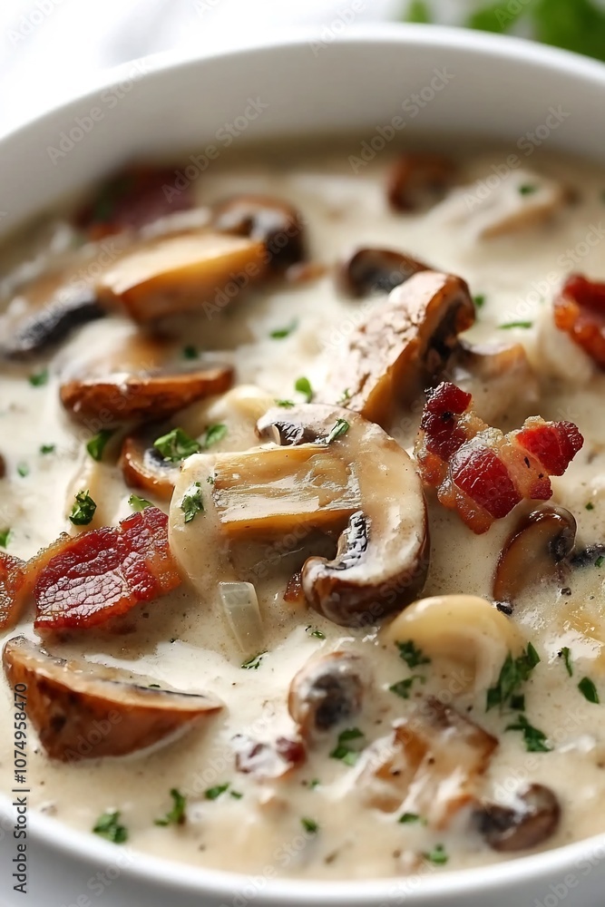 Creamy Mushroom and Bacon Stroganoff in Rich Cream Sauce on White Background Creamy Mushroom and Bacon Stroganoff in Rich Cream Sauce on White Background