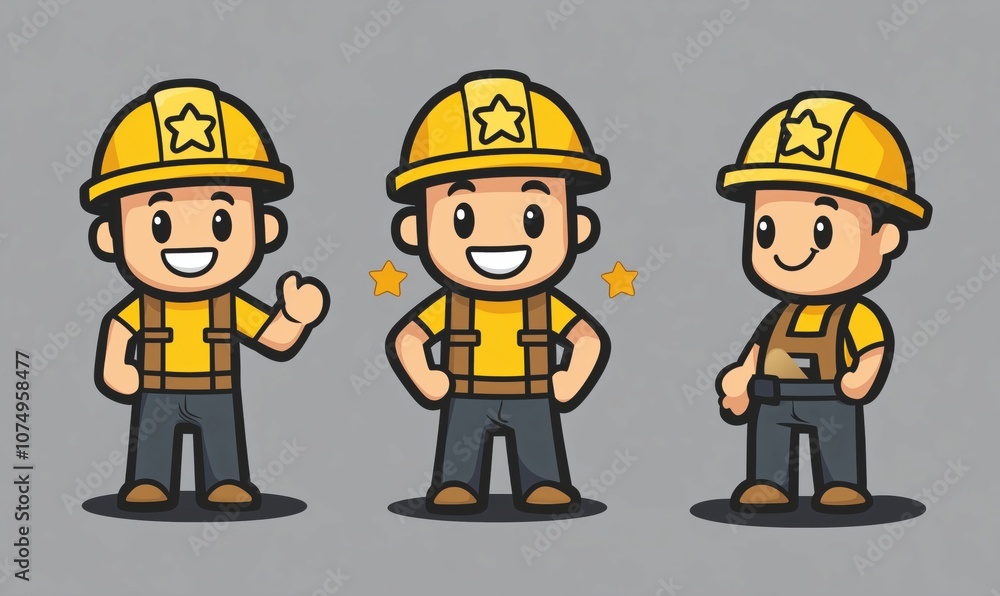 Construction worker characters, cheerful expressions, yellow helmets, cartoon style Construction worker characters, cheerful expressions, yellow helmets, cartoon style