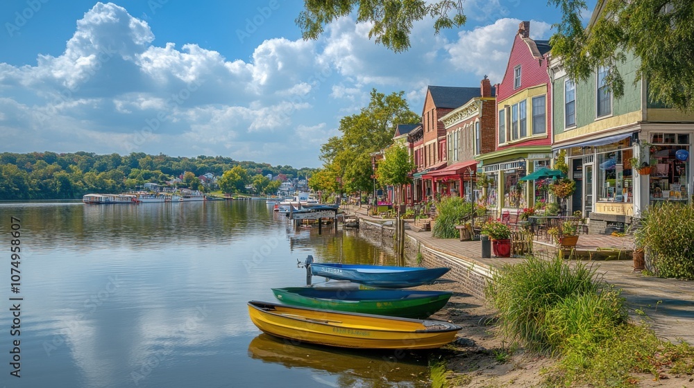 A serene view of a charming riverside town with colorful houses and boats during a sunny day A serene view of a charming riverside town with colorful houses and boats during a sunny day