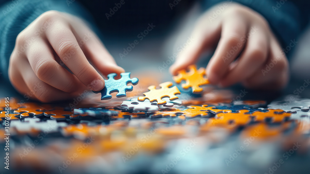 child focused on assembling colorful puzzle, hands engaged in play. vibrant pieces create joyful atmosphere child focused on assembling colorful puzzle, hands engaged in play. vibrant pieces create joyful atmosphere