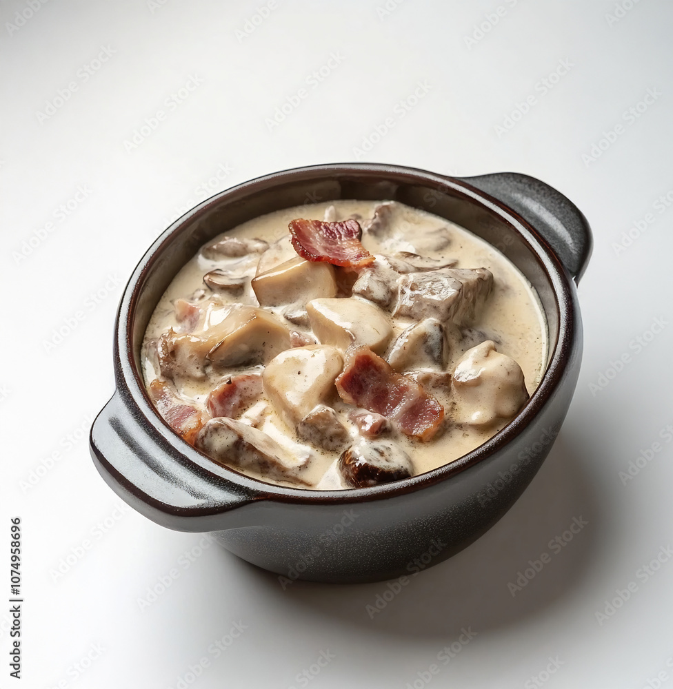 Creamy Mushroom and Bacon Stroganoff in Savory Cream Sauce on Gray Dish with White Background Creamy Mushroom and Bacon Stroganoff in Savory Cream Sauce on Gray Dish with White Background